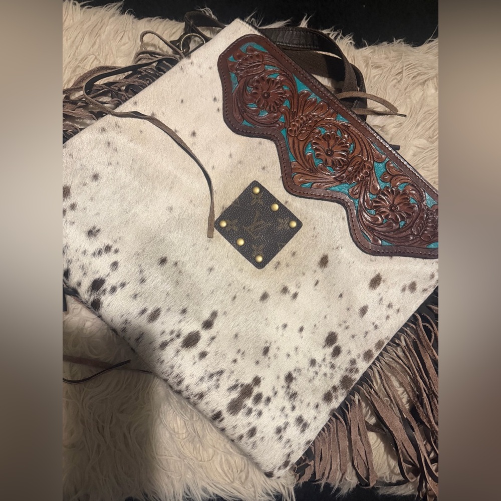 Lv Cowhide Fringe Tote with Turquoise and Brown Accents